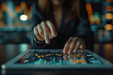 Close-up of a businesswoman's hand using a digital tablet displaying graphs