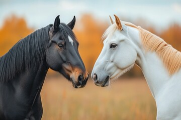 Obraz premium Two horses showing affection in autumn field