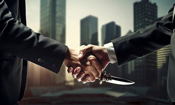 Businessmen shaking hands while concealing a knife behind their backs illustrate betrayal and deception in corporate settings