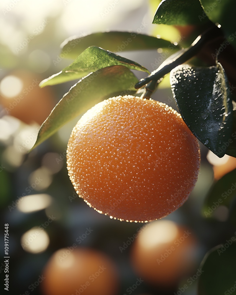 Aufkleber Closeup of Ripe Orange on Citrus Tree Branch with Dew Drops in Soft Sunlight : Generative AI