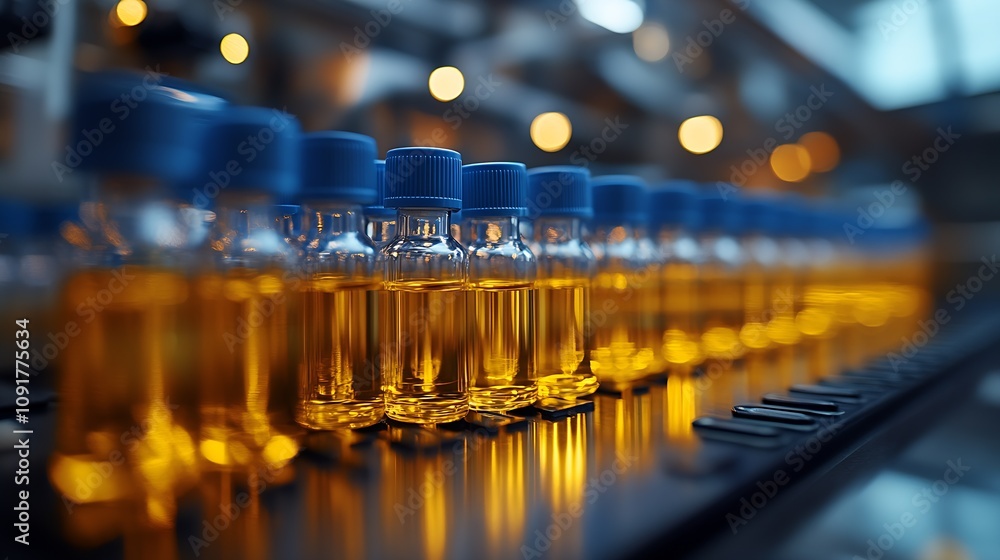 Aufkleber modern automated laboratory vial production line with glowing orange illumination : generative ai