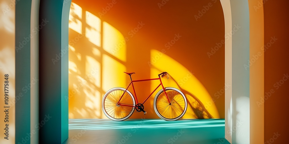 Aufkleber dynamic bicycle shadows and sunlight in minimalist architectural interior scene : generative ai