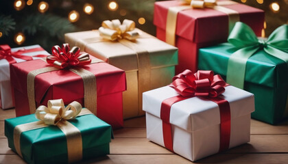 Obraz premium Festive Christmas Background Featuring Elegantly Wrapped Gifts