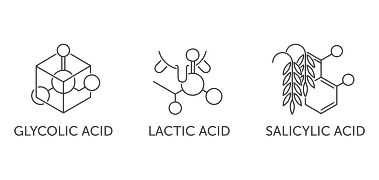 Glycolic, Lactic, Salicylic acid. Icons set in outline