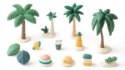 Fototapeta premium Summer travel 3d icons. Render beach elements, realistic palm tree, cocktail, sunglasses, chaise lounge. Touristic suitcase, pithy vector clipart vector illustration isolated on white background.
