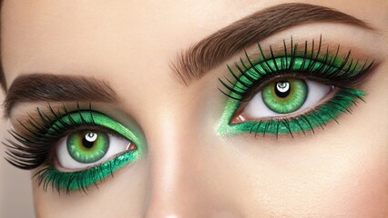 Obraz premium The closeup emphasizes eyes with luminous emerald green mascara that makes the lashes stand out expressively. The vibrant color adds an element of surprise and elegance to the