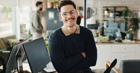 Portrait, man and confident as developer in office for web development, software maintenance and coding. Person, arms crossed and computer programming of system update, application and project script