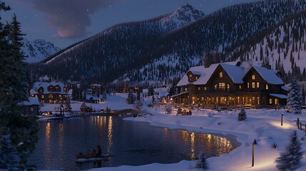 A serene winter village scene with cozy homes and a calm lake under a starry night sky.