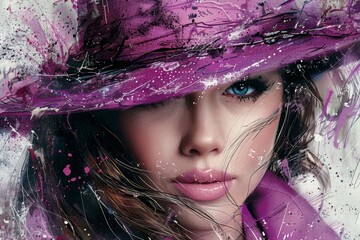 Fashionable portrait of a woman with striking blue eyes and a vibrant purple hat amidst colorful splashes and artistic background