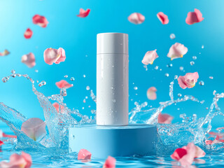 A white skin toner bottle on a bright blue background standing on the podium. Splashes of water and flower petals spreading around. Minimalistic photo style