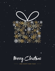 Greeting card with christmas gift box of gold snowflakes