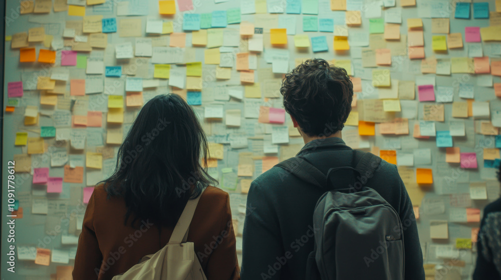 Poster two individuals observe a wall filled with colorful sticky notes in a modern workspace during an eve