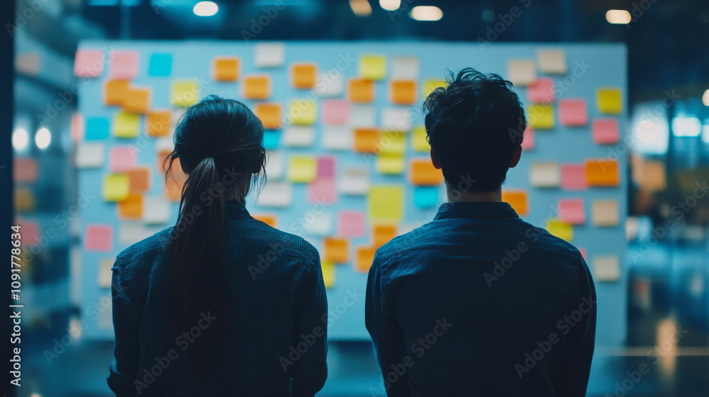 Poster two individuals observe a wall filled with colorful sticky notes in a modern workspace during an eve
