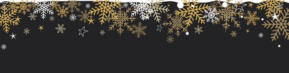 Beautiful golden falling snowflakes and stars banner