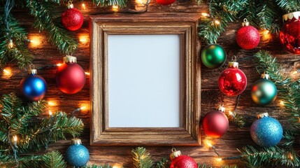 a frame with christmas decorations on a wall