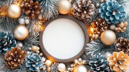 a frame with christmas decorations and a white frame