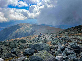 Hiker on Tuckerman's Ravine Trail on Mount Washington, New Hampshire