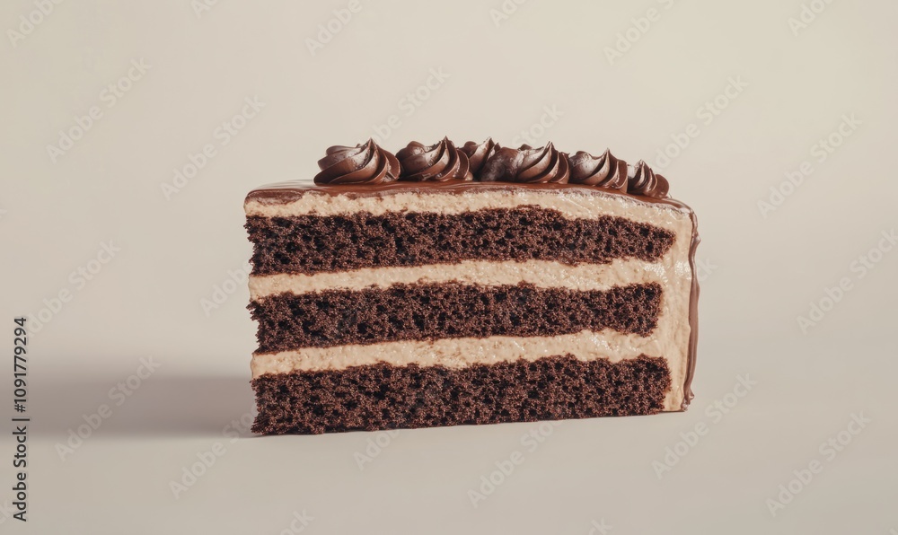 Poster rendering of a slice of chocolate cake with layers of frosting isolated on a clean background highli