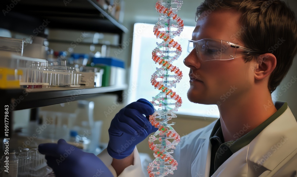 Poster scientist analyzing a dna model in a state-of-the-art laboratory environment