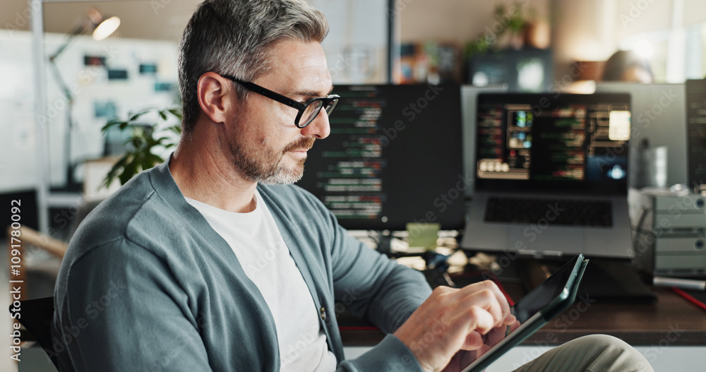 Leinwandbilder Programmer, businessman and research on tablet for software, scroll database or development update. Code, digital technology and mature manager design game ui, website and app in creative startup