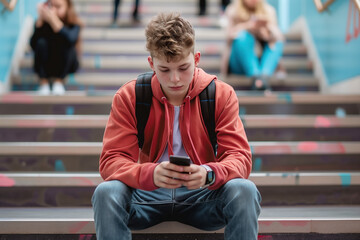 Teenager sitting alone with a smartphone isolated from a nearby group symbolizing the complexities of social connection in the digital age
