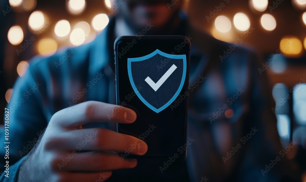 Aufkleber man using mobile phone with a check mark on shield. security, safe, privacy concept, copy space