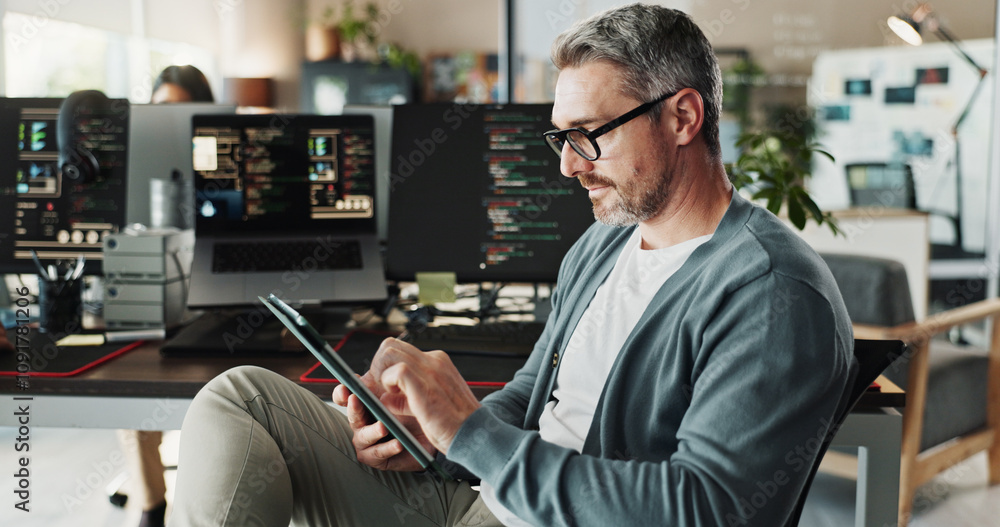Aufkleber Code, business man and engineer on tablet for software development, scroll or update database. Programmer, digital technology or mature manager design game, website or app in creative startup office