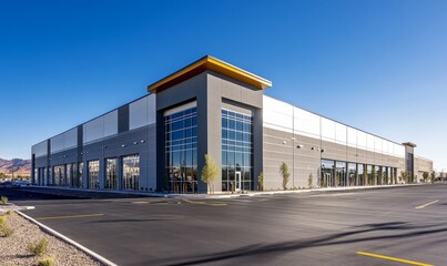 Modern Warehouse Exterior with Parking Lot Under Clear Blue Sky for Commercial Use