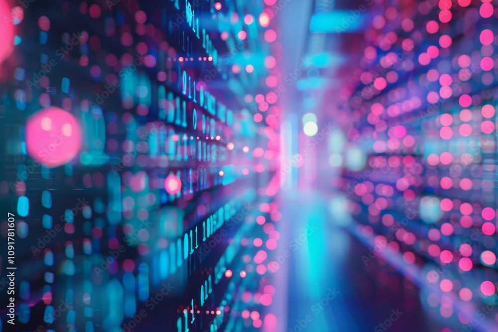 Poster a vivid display of colorful digital data streams fills the environment of a server room, with neon l
