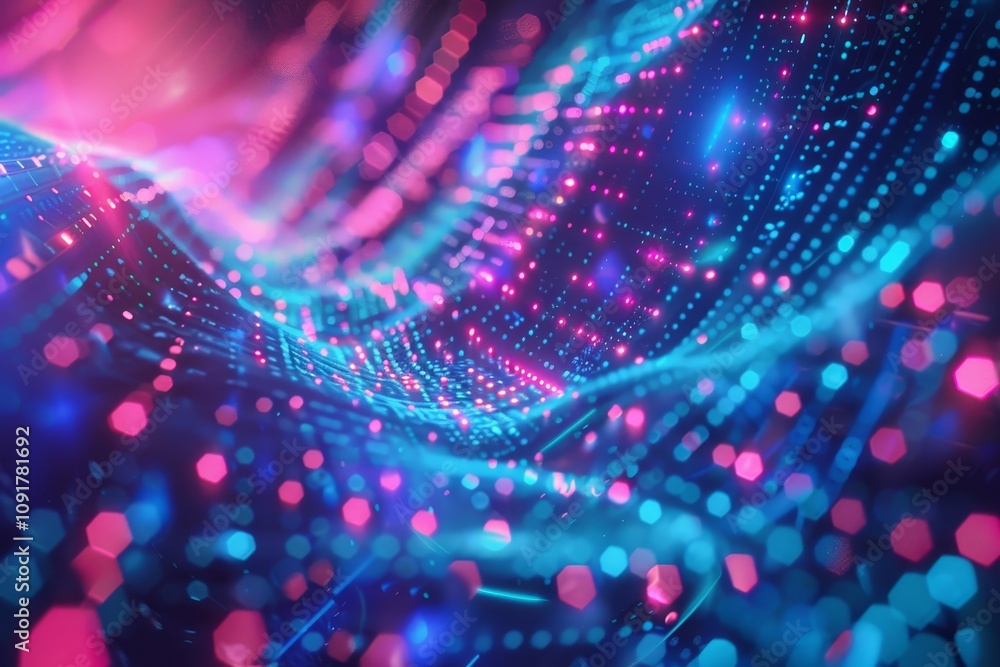 Poster a mesmerizing display of neon lights in vibrant colors moves through a digital landscape, creating a