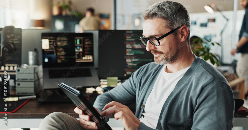 Poster Engineer, business man and code on tablet for software development, scroll or online update. Programmer, digital technology or mature manager design ui, website or game app in creative startup office