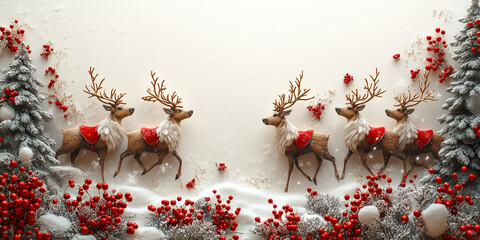 Modern Christmas greeting card, design, illustration. A herd of festive reindeers, classic christmas decoration, space for lettering. Christmas composition in a snowy landscape. Winter holiday poster.