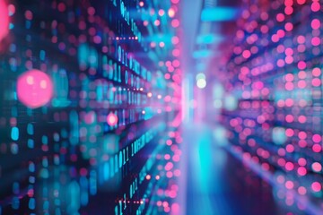 A vivid display of colorful digital data streams fills the environment of a server room, with neon lights reflecting the advanced technology and data flow.