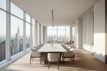 Fototapeta premium Conference room with large windows and city views, equipped with long tables and chairs