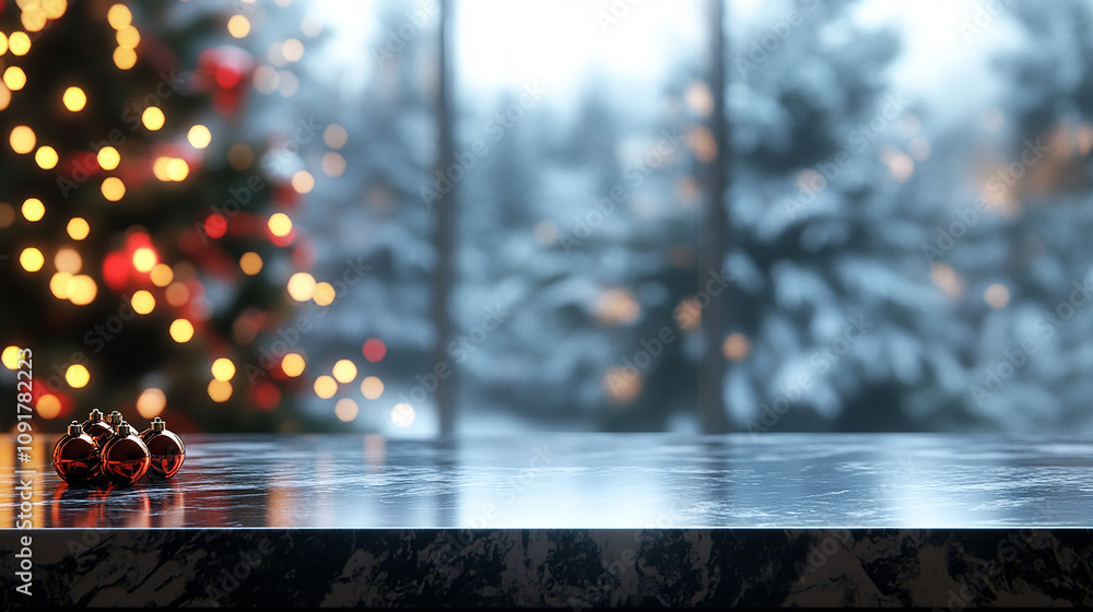 Poster blur christmas tree and decorated window interior background with wooden table top for product displ