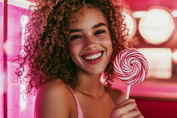 playful model holding spiral lollipop near smiling lips, vintage inspired