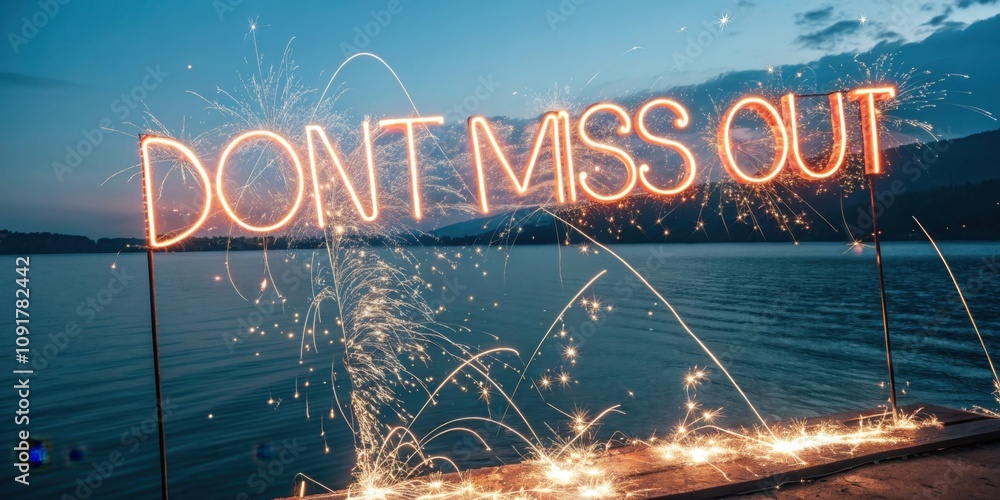 Poster A dazzling cerulean ad materializes with luminescent orange font announcing Dont Miss Out The letters explode into sparkles and the background shimmers like water reflecting