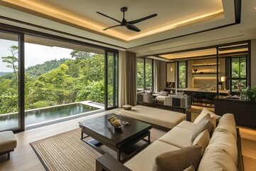 Modern living room with large windows overlooking an infinity pool and lush tropical greenery.