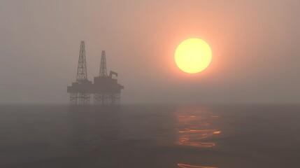 Fototapeta premium A silhouetted oil rig against a hazy sunset over the ocean.