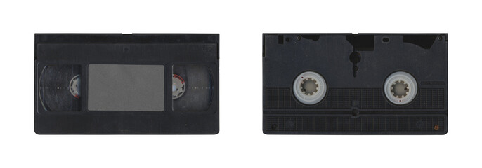 Obraz premium Set of VHS old cassette with front and back side, isolated video tape with clear area for mockup on transparent background in retro Y2K style