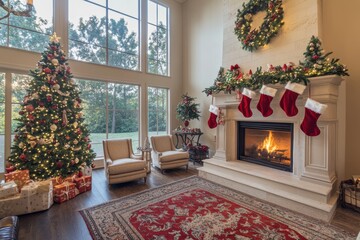 Cozy Christmas living room with a beautifully decorated tree, festive stockings on a rustic stone fireplace, glowing fire, and holiday gifts under the tree by large scenic windows.