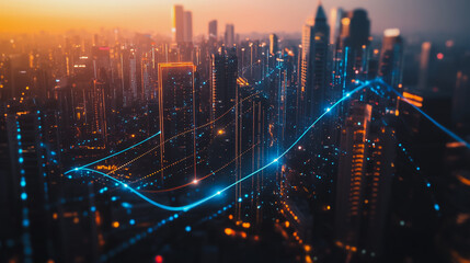Obraz premium Smart digital Innovation Business skyscrapers in the Financial District with connection network reciprocity over the cityscape. of future smart wireless digital city and social media networking