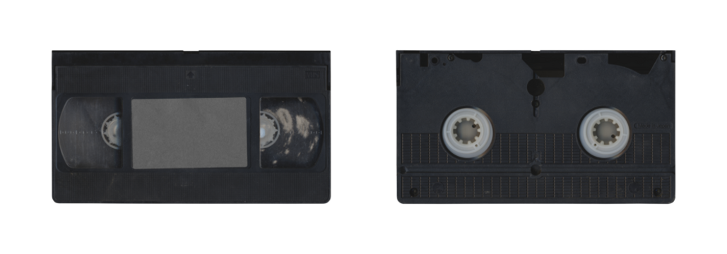 Set of VHS old cassette with front and back side, isolated video tape with clear area for mockup on transparent background in retro Y2K style