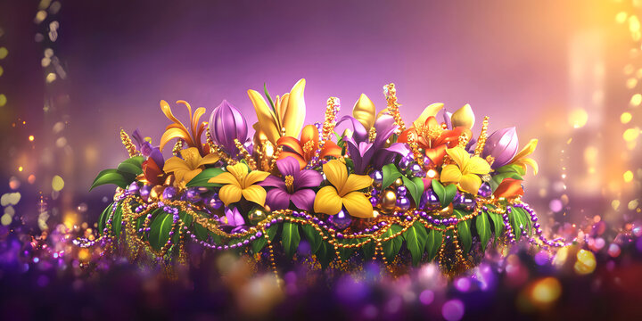 Colorful Mardi Gras floral arrangement with beads