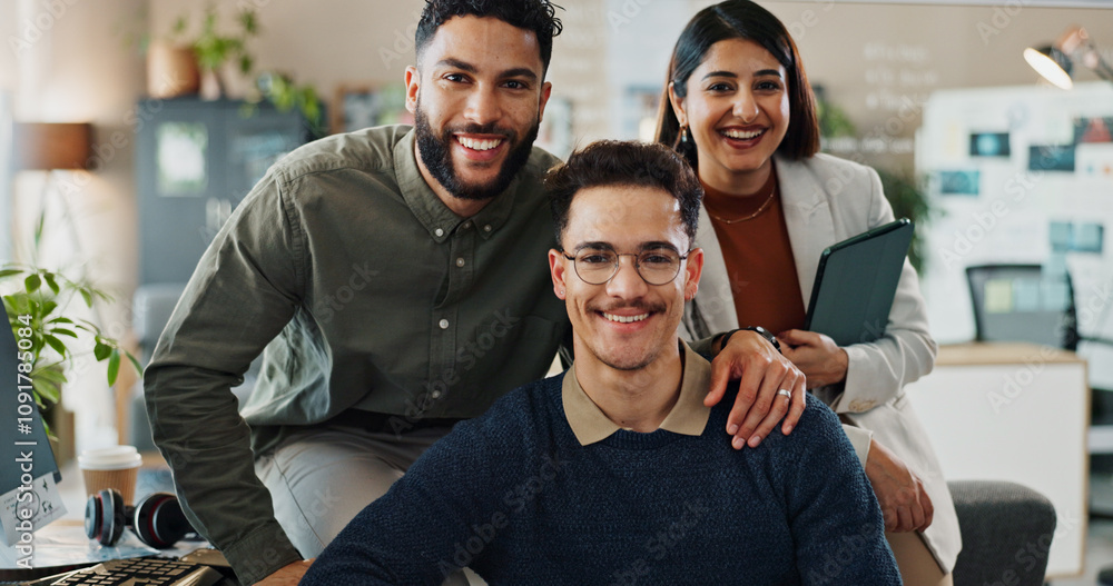 Poster Group, employee portrait and smile for coding, programing and software engineer system update in office. About us, creative people and happy for project management, teamwork and data development
