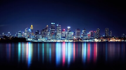 Obraz premium Vibrant city skyline reflected in calm waters at night. The colorful lights illuminate the buildings, creating a stunning cityscape.