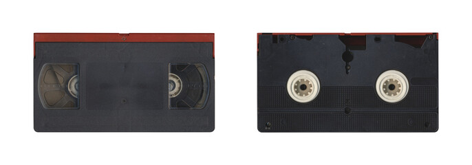 Set of VHS old cassette with front and back side, isolated video tape with clear area for mockup on transparent background in retro Y2K style