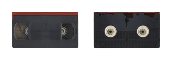 Set of VHS old cassette with front and back side, isolated video tape with clear area for mockup on transparent background in retro Y2K style
