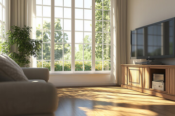 Fototapeta premium Classic living room interior with armcahir and tv near the window