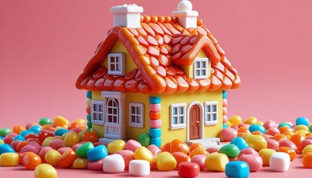 A gummy house with jellybean roof tiles and a marshmallow chimney, Generative AI